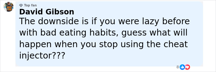 Comment by David Gibson discussing the downside of quitting Mounjaro cold turkey and its effects on eating habits.