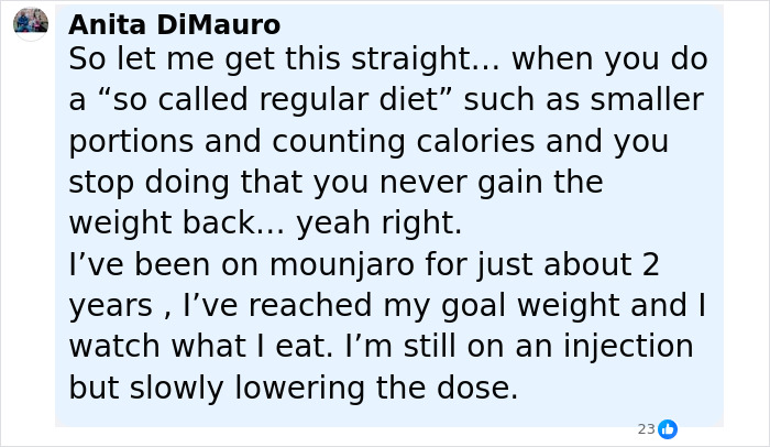 ALT text: Comment from woman sharing experience with Mounjaro, weight loss, and dose reduction after quitting cold turkey