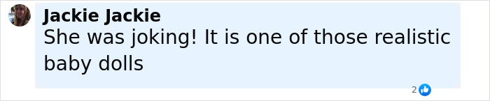 Comment about a realistic baby doll from user Jackie Jackie in a Facebook-style interface discussing Britney Spears adoption news.