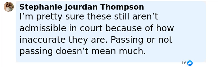 Screenshot of Stephanie Jourdan Thompson commenting on the reliability of lie detector tests in a social media post. Screenshot of Stephanie Jourdan Thompson commenting on the reliability of lie detector tests in a social media post.