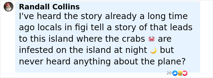 Comment discussing locals in Fiji and crabs linked to the Amelia Earhart mystery in new satellite images.