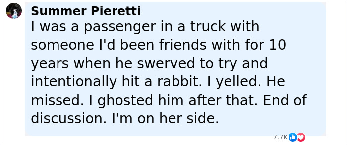 Text screenshot of a social media comment sharing a story about witnessing a truck driver intentionally trying to hit a rabbit. - 21
