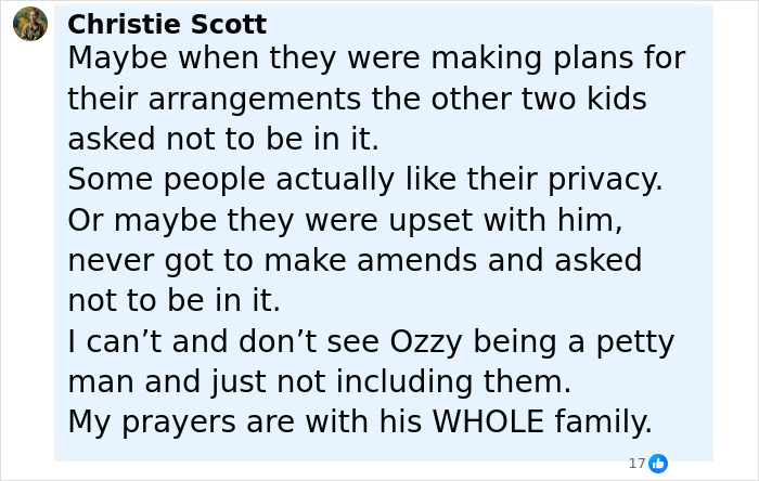 Comment by Christie Scott discussing family privacy and potential reasons for Ozzy Osbourne&rsquo;s kids being snubbed in tribute.