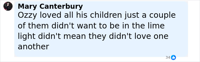Comment from Mary Canterbury about Ozzy Osbourne&rsquo;s family rifts and two children being snubbed in tribute.