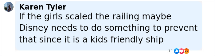 Comment about girls scaling railing on a cruise ship, related to viral rumor of dad saving daughter after fall.