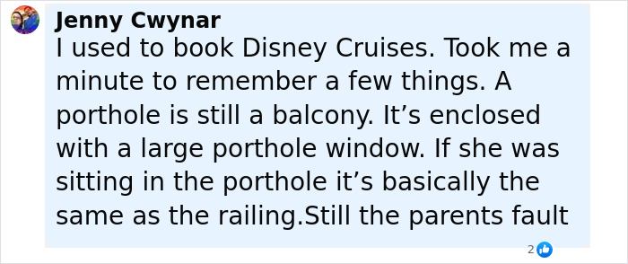 Screenshot of a social media comment discussing details about a cruise ship and addressing viral rumor about a dad saving daughter.