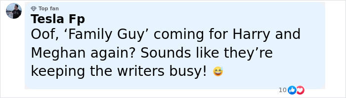 Comment about Family Guy trolling Meghan Markle and Prince Harry again, showing fan reaction with laughing emoji.
