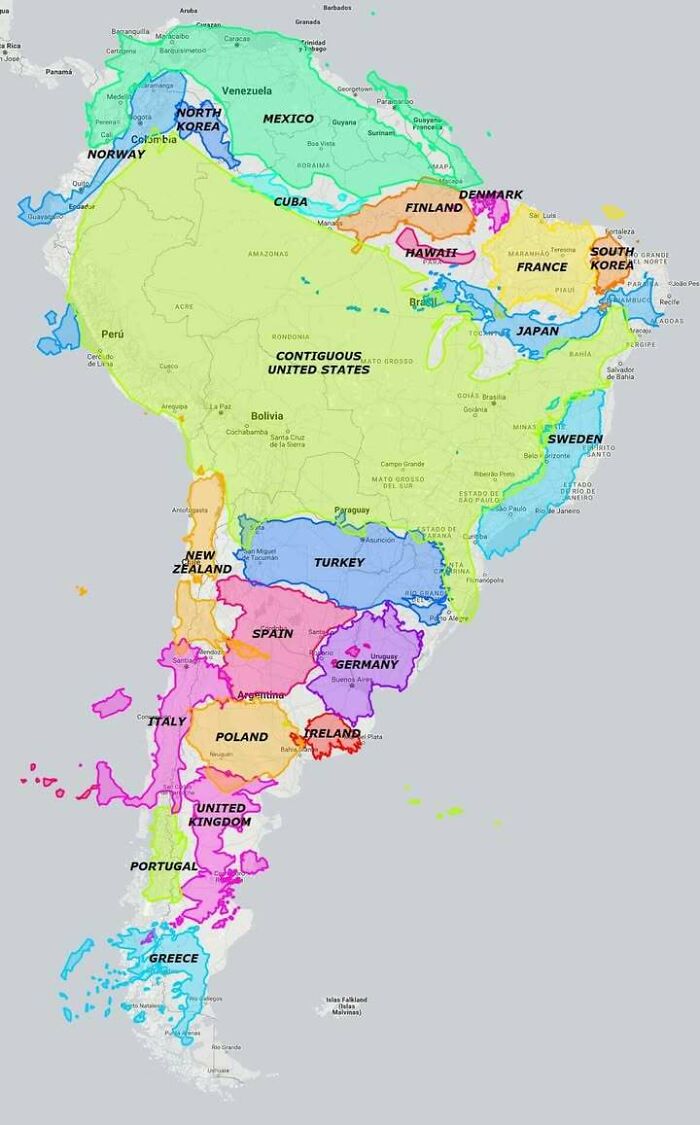 Infographic showing South America shaped and labeled with countries resembling other global countries, changing perspective on geography.