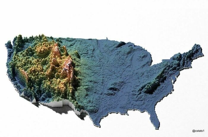 3D topographic infographic of the United States showing elevation data with mountains and plains in detailed visualization.