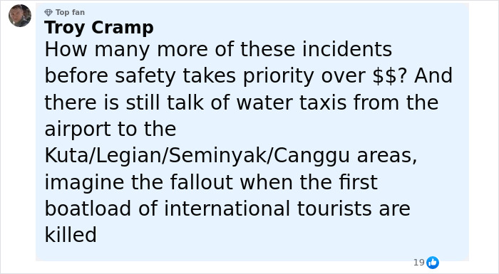 Comment about ferry safety concerns after Bali ferry sank, causing deaths and many missing passengers.