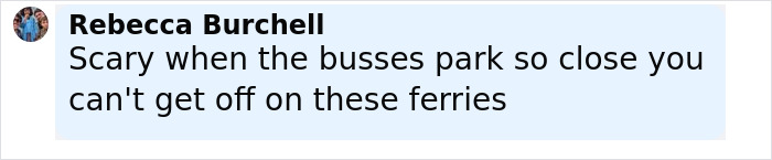 Comment by Rebecca Burchell about ferries parked too close, highlighting safety concerns after ferry sinking off Bali.