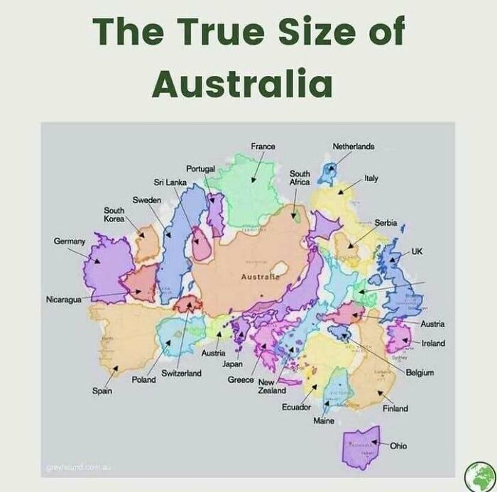 Infographic showing the true size of Australia with country comparisons to change perspective on geography.