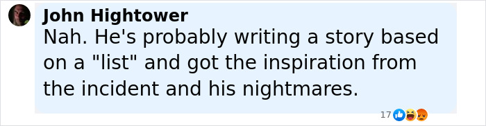 Comment by John Hightower discussing a story inspired by a list related to Stephen King's Epstein list tweet. - 14