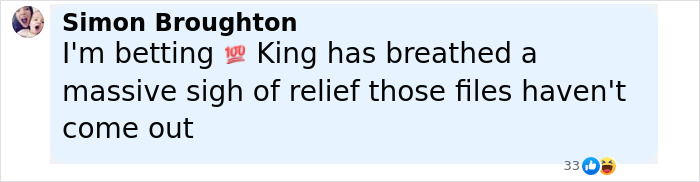 Social media comment speculating on Stephen King's reaction to the Epstein list amid conspiracy theories. - 16