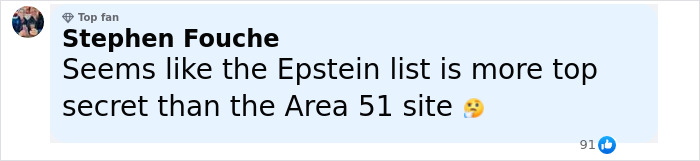 Comment by Stephen Fouche mentioning the Epstein list being more secret than Area 51, relating to conspiracy theories. - 11