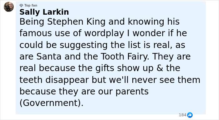 Facebook comment from Sally Larkin discussing Stephen King's strange tweet about Epstein list and conspiracy theories. - 10