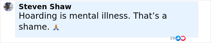 Comment by Steven Shaw about hoarding as mental illness with text and reaction icons on social media post.