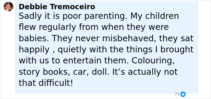 Comment by Debbie Tremoceiro about poor parenting and managing children on public flights with activities for entertainment.