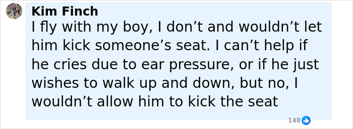 Comment from Kim Finch about flying with her son and managing seat kicking on a public flight, addressing uptight passenger behavior.