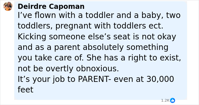 Comment from Deirdre Capoman about flying with toddlers and parenting responsibilities during public flights addressing passenger behavior.