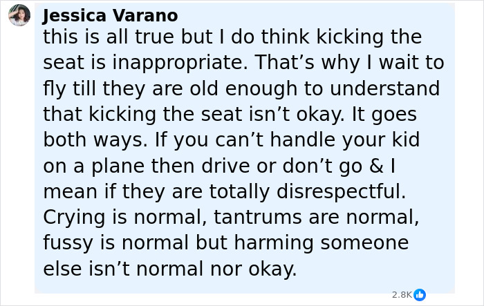 Comment from Jessica Varano discussing appropriate child behavior on flights and handling disruptive passengers.