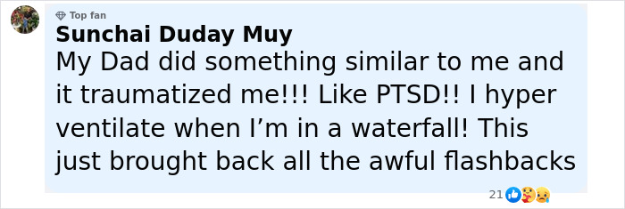 Commenter shares personal trauma from a dad throwing son off cliff story, describing PTSD and flashbacks at waterfalls.