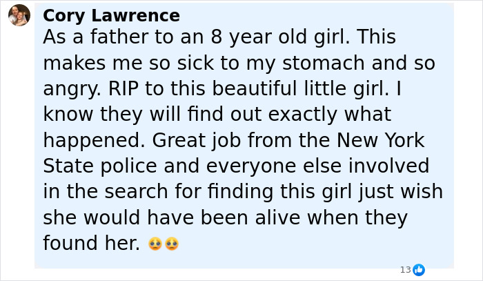 Comment expressing grief over missing 9-year-old girl found deceased and mentioning police inconsistencies in dad&rsquo;s report.