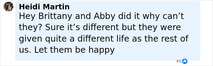 Comment from Heidi Martin supporting a conjoined twin influencer&rsquo;s surprise wedding to boyfriend in an intimate ceremony.