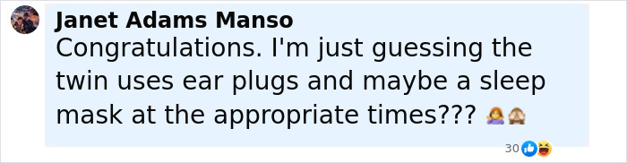 Comment from Janet Adams Manso discussing twin using ear plugs and sleep mask, referencing conjoined twin influencer wedding news.