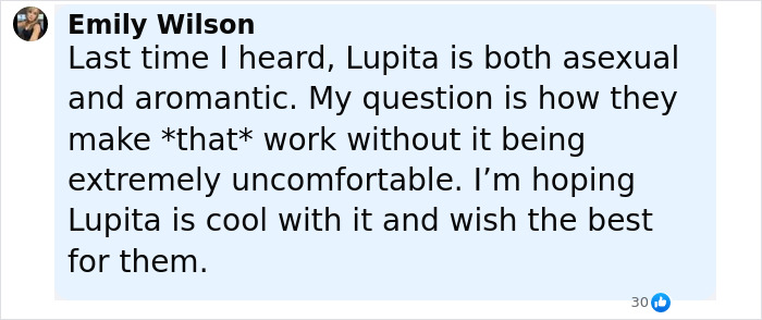 Comment from Emily Wilson discussing asexuality and aromanticism in relation to Lupita, expressing hope and support.