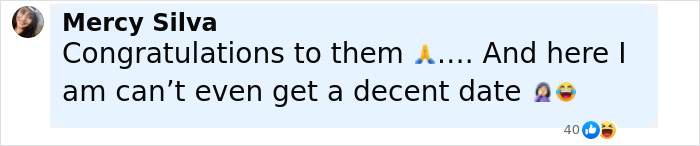 Comment from Mercy Silva congratulating a conjoined twin influencer on their surprise wedding to boyfriend in an intimate ceremony.