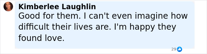Comment from social media user Kimberlee Laughlin expressing support for a conjoined twin influencer&rsquo;s surprise wedding to boyfriend.
