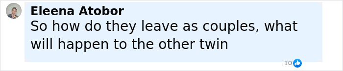 Comment by Eleena Atobor questioning how conjoined twin influencer couples live and what happens to the other twin.