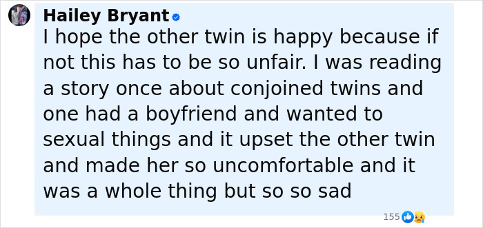 Comment expressing concern about conjoined twin influencer's relationship and challenges in intimate situations with boyfriend.