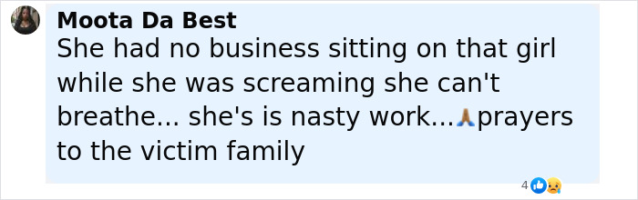 Comment expressing anger and prayers for 7-Eleven employee whose manager sat on her and passed away.