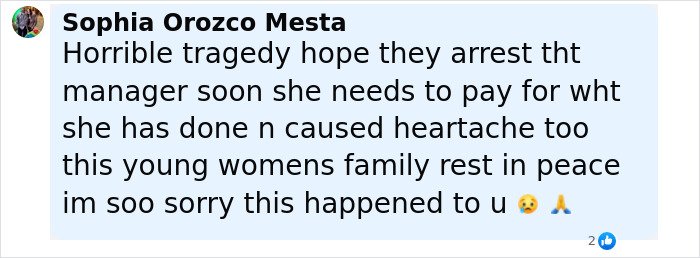 Comment expressing sorrow over 7-Eleven employee passing after manager sat on her, calling for justice.