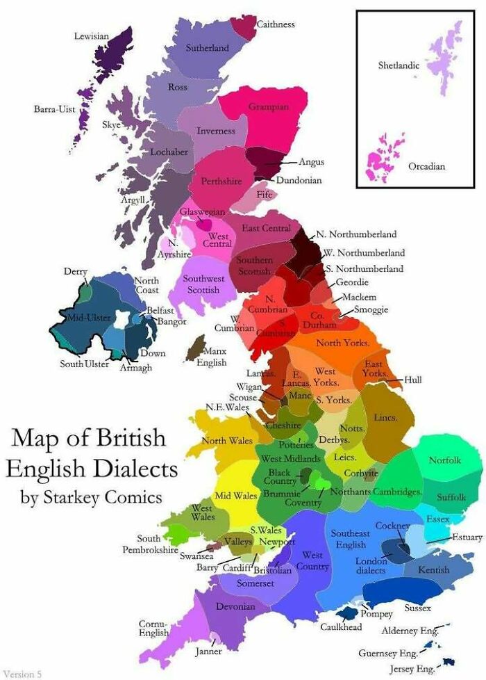 Colorful map of British English dialects showing regional language variations, part of interesting infographics and data visualization.