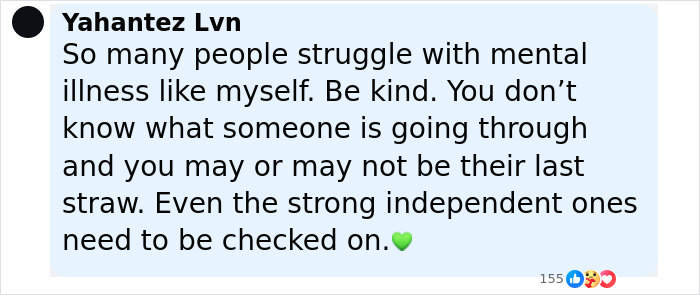 Social media post discussing mental illness struggles and the importance of checking on others' well-being and kindness. - 15
