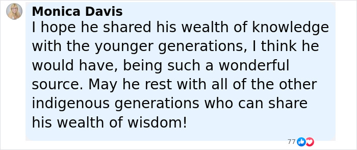 Comment from Monica Davis expressing hope that an ancient Native American shared language knowledge before its risk of extinction. - 29