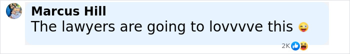 Facebook comment by Marcus Hill saying "The lawyers are going to lovvvve this" with laughing reactions during scandal discussion