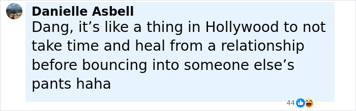Comment by Danielle Asbell on relationship timing, reflecting on Hollywood trends with a humorous tone about romance and healing. Comment by Danielle Asbell on relationship timing, reflecting on Hollywood trends with a humorous tone about romance and healing.