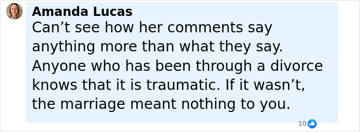 Screenshot of a comment about divorce and marriage trauma, related to Isla Fisher's message after divorcing Sacha Baron Cohen. - 19