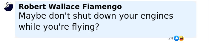 Comment by Robert Wallace Fiamengo questioning shutting down engines during flight, relating to Air India pilots crash cause.