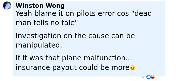 Comment by Winston Wong discussing pilot error and investigation manipulation related to Air India crash cause and insurance payout speculation.