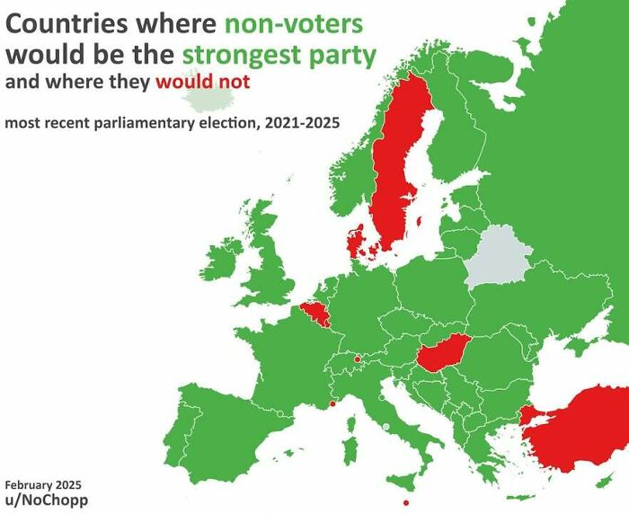 Map of Europe showing countries where non-voters are the strongest party in recent parliamentary elections, visual data infographic.