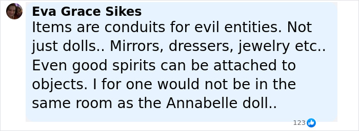 Comment from Eva Grace Sikes warning about items as conduits for evil entities, mentioning the Annabelle doll and paranormal investigation.