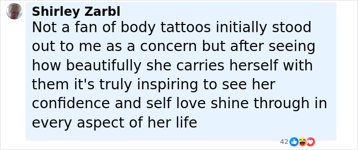 Comment praising a woman&rsquo;s confidence and self love after spending $33K on 250 tattoos for a body suit transformation.