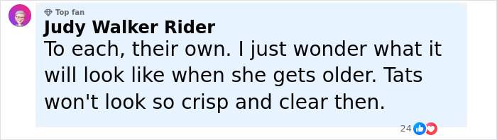 Comment from Judy Walker Rider discussing the woman with $33K body suit tattoos and concerns about aging effects.