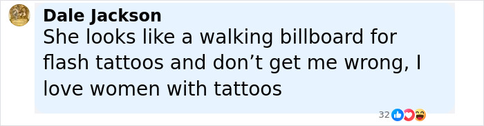 Comment about woman with tattoos discussing flash tattoos and love for women with tattoos in a social media post.