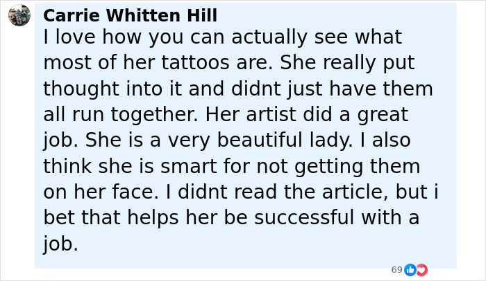 Comment praising the woman who spent $33K on 250 tattoos for her body suit transformation and her thoughtful tattoo choices.